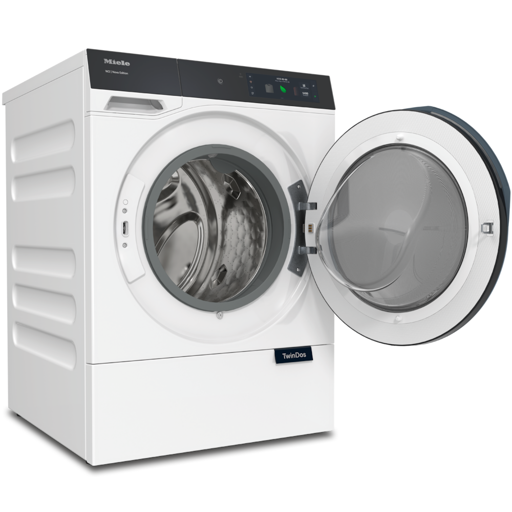 Weiße Miele Waschmaschine mit gefffneter Tur und silberner Trommel.