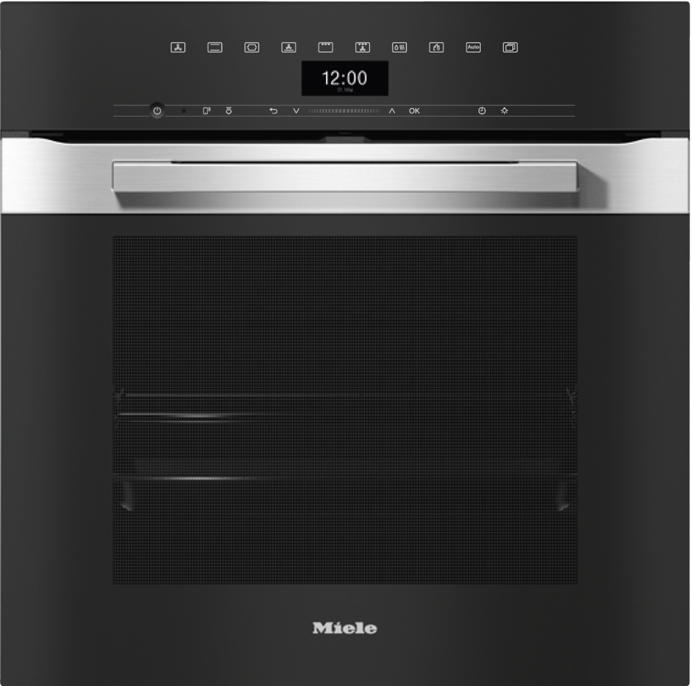 Ein moderner schwarzer Miele-Ofen mit silbernem Griff und digitaler Anzeige.