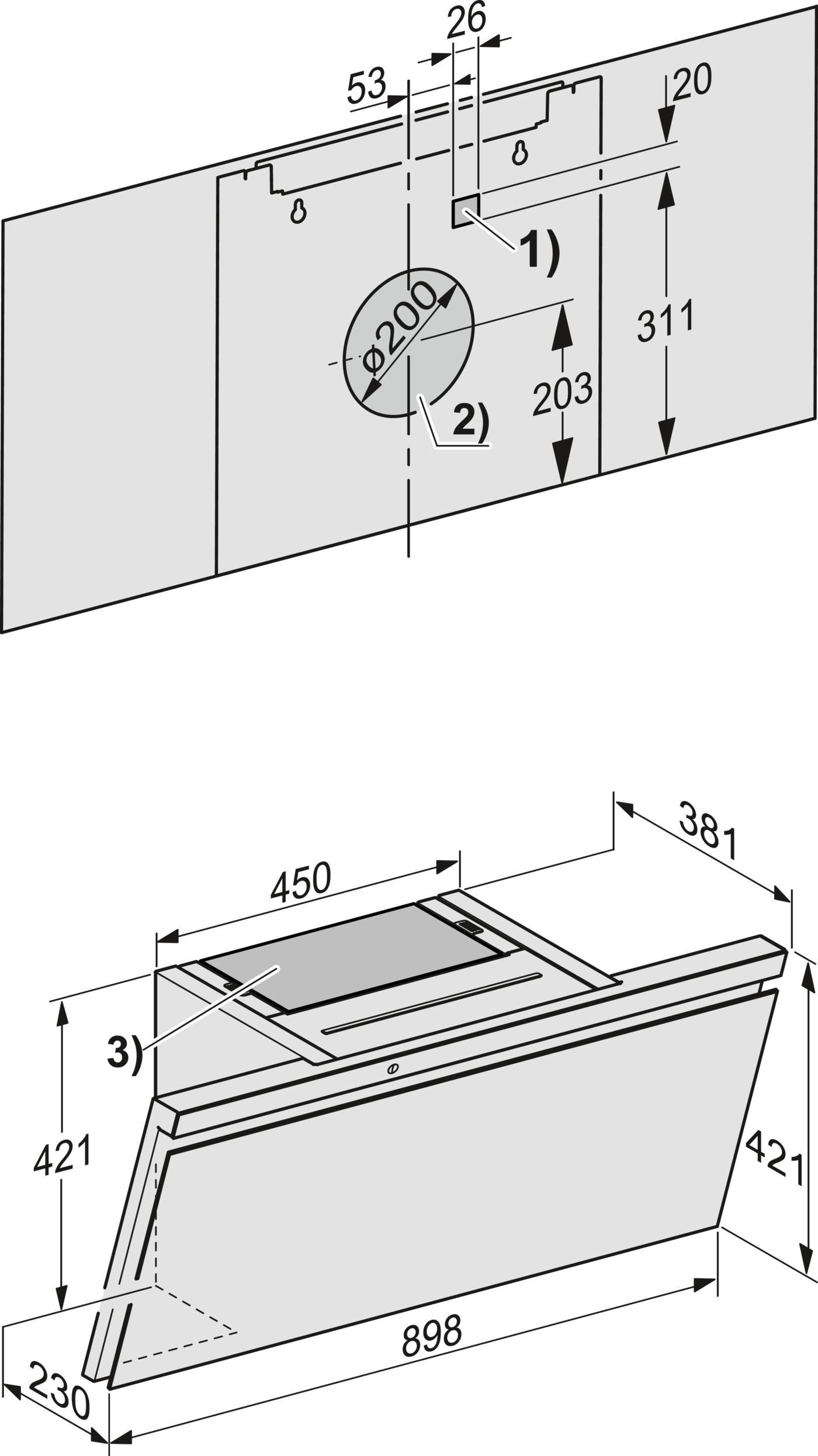 Diagramm zeigt Abmessungen für eine Dunstabzugshaube mit 200mm Lüftungsdurchmesser.