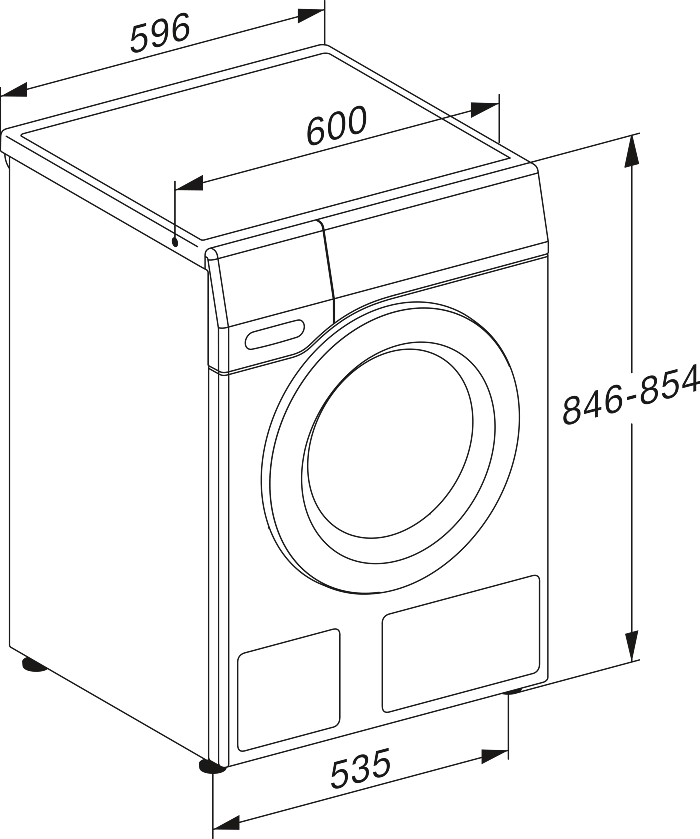 Technische Zeichnung einer Waschmaschine mit Maßen. Breite 59,6cm, Tiefe 53,5cm, Höhe 84,6-85,4cm.