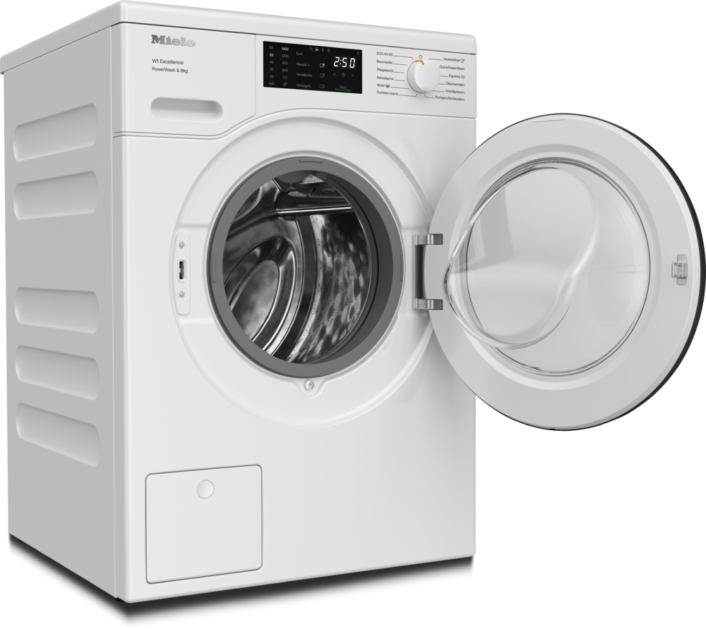 Eine weiße Miele Waschmaschine mit geöffneter Tür und sichtbarer Trommel.
