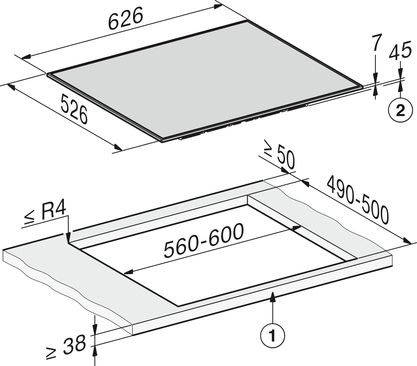 Einbauzeichnung eines Kochfelds mit Maßen 626x526mm und Ausschnitt 560-600mm.