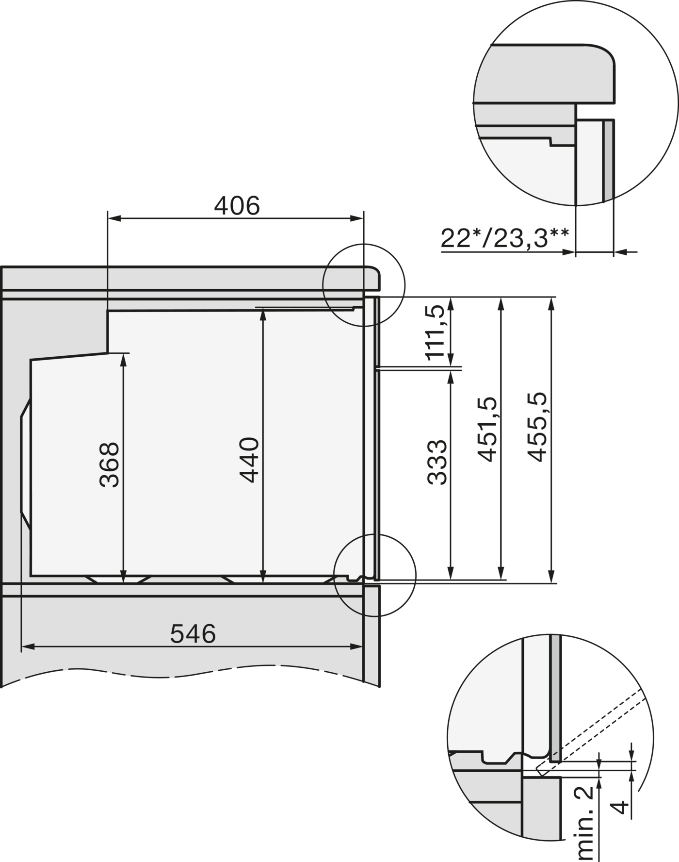 Technische Zeichnung mit Maßen 406x440x368 mm und Detailansichten.