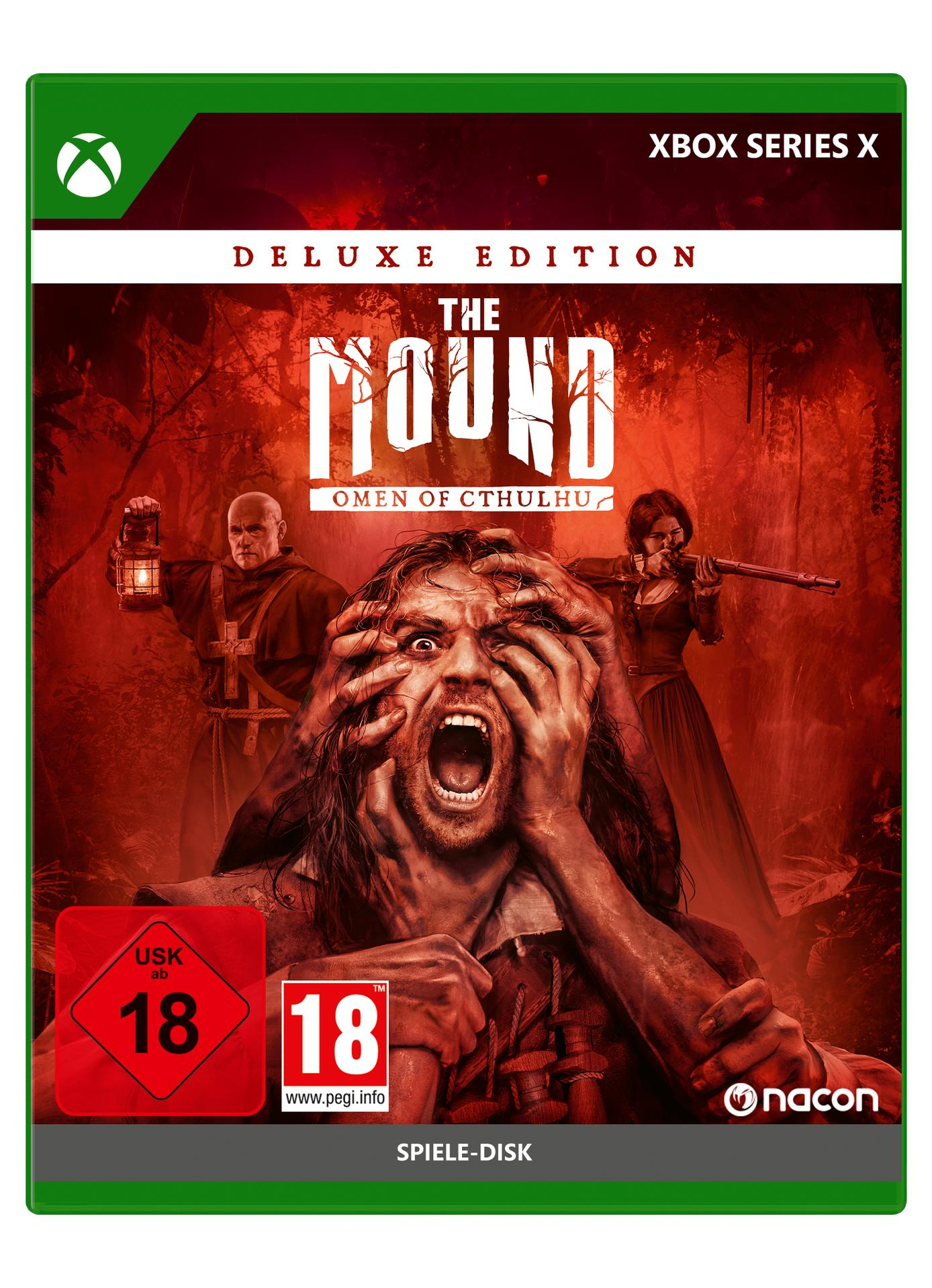 Xbox Series X Spielhülle: Mann schreit, Priester mit Laterne, Frau mit Gewehr. Rot, düster.