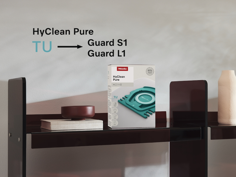 HyClean Pure TU Staubsaugerbeutel für Miele Guard S1 und L1. Schachtel im Regal.