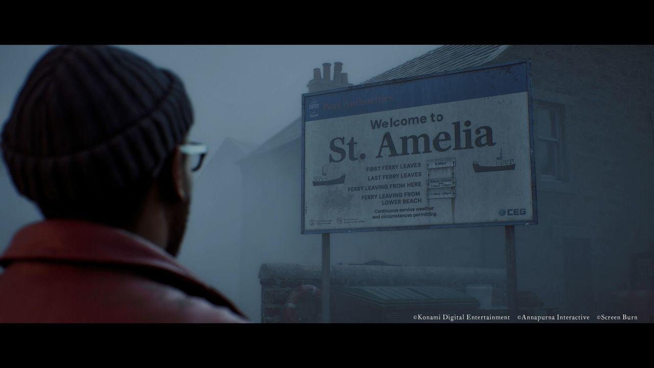 Mann in Mütze blickt auf Willkommensschild für St. Amelia mit Fährzeiten.