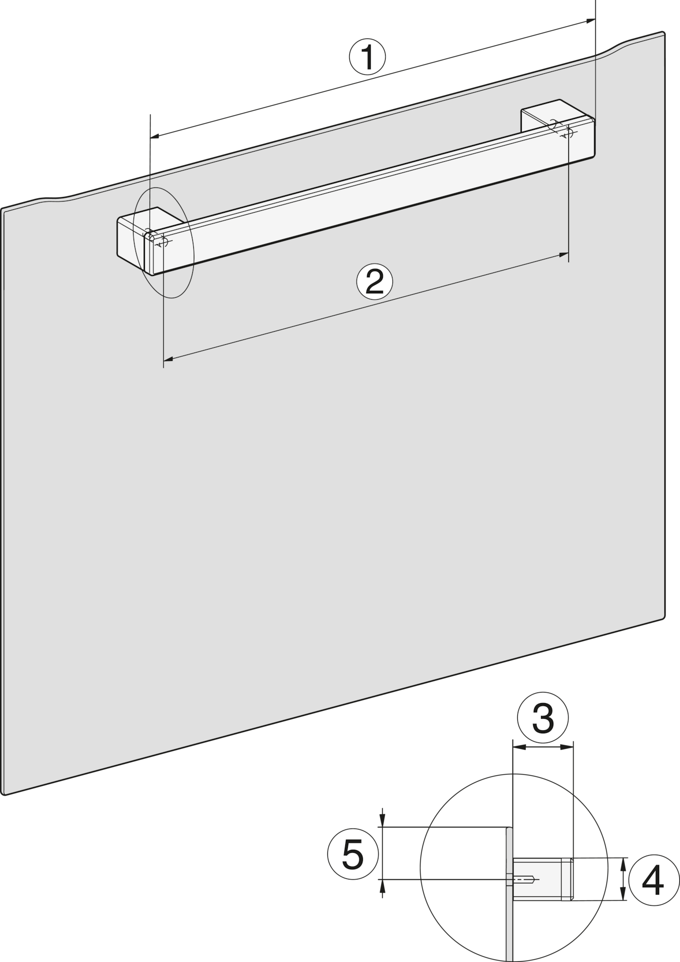 Technische Zeichnung eines Griffs mit Maßen. Beschriftet 1, 2, 3, 4, 5.
