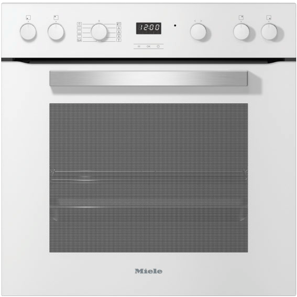Weißer Miele-Ofen mit digitaler Zeitanzeige, Knöpfen und einem Gitterfenster.