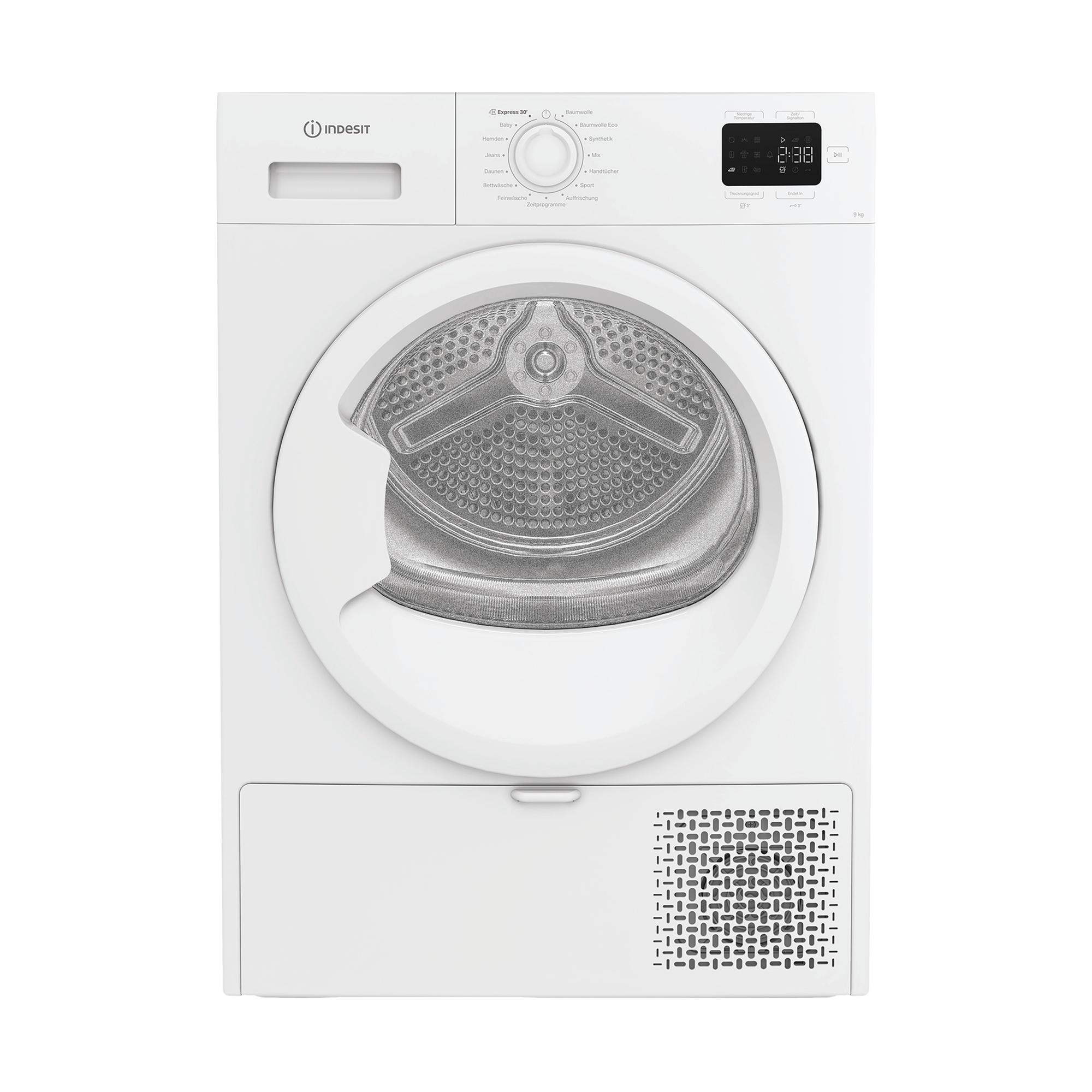 Weiße Indesit-Wäschetrockner mit großer Trommel und Bedienfeld oben.