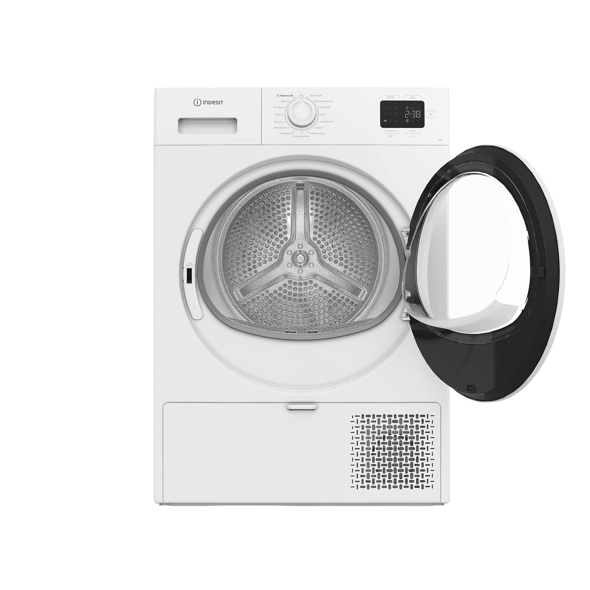 Weiße Indesit Wäschetrockner mit offener Tür, Digitalanzeige zeigt 2:38.