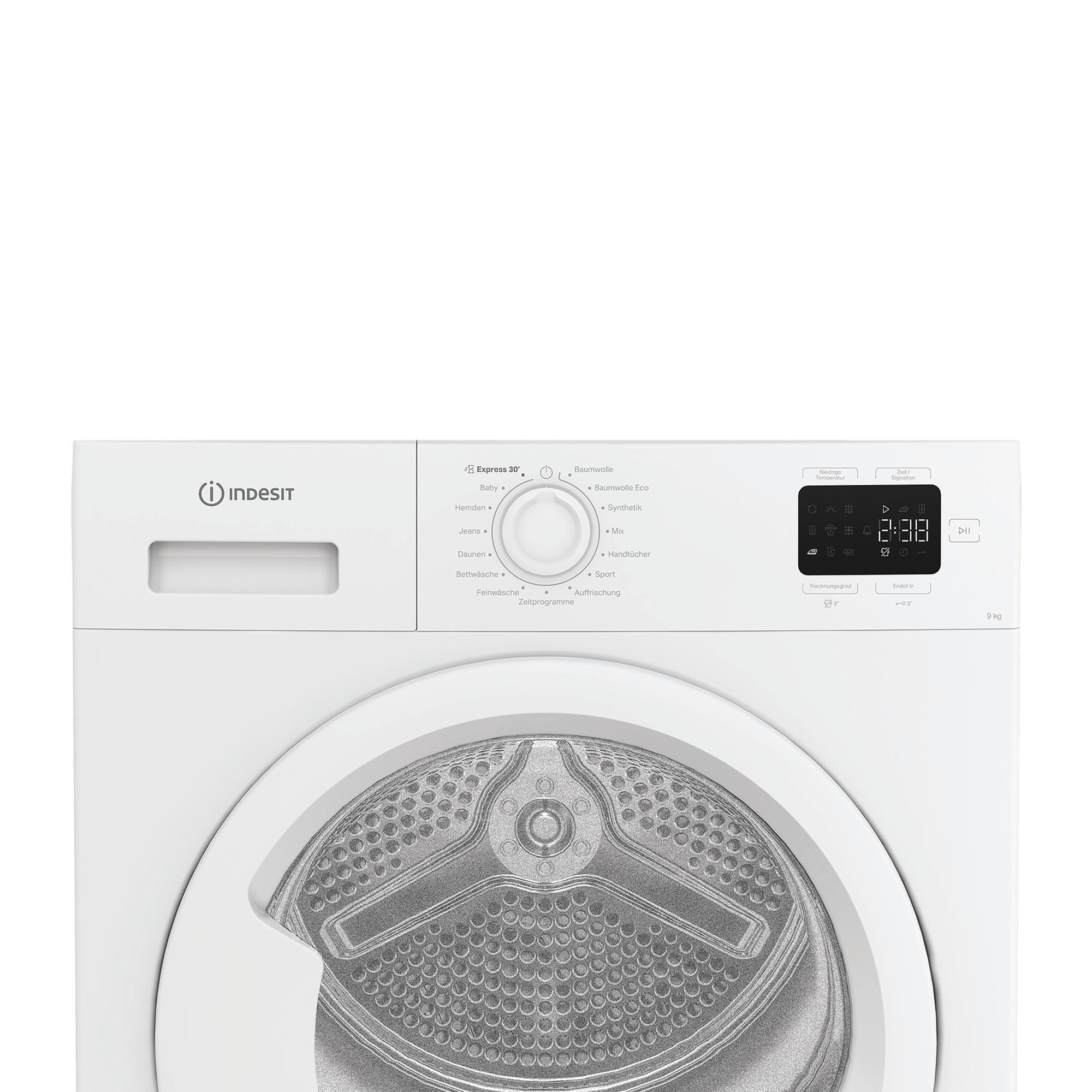 Weiße Indesit Waschmaschine mit digitalem Display und Trommel.