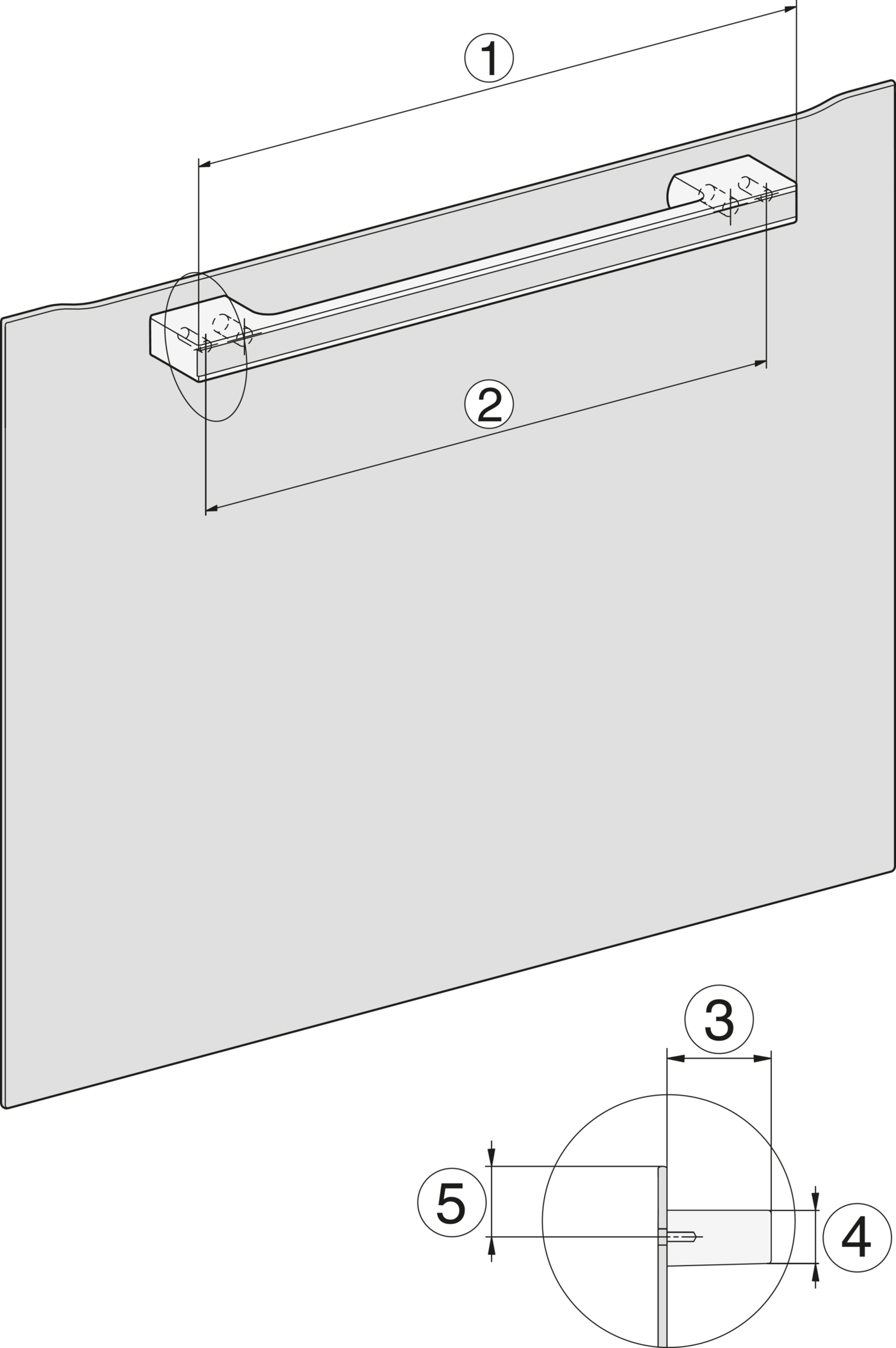 Technische Zeichnung eines Griffs mit Maßen 1, 2, 3, 4, 5.