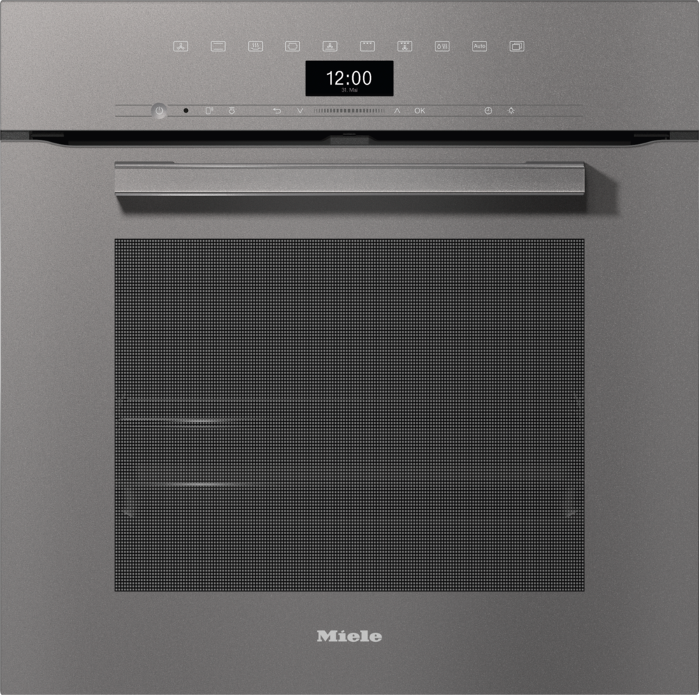 Grauer Miele-Ofen mit digitaler Anzeige, Griff und schwarzer Tür.