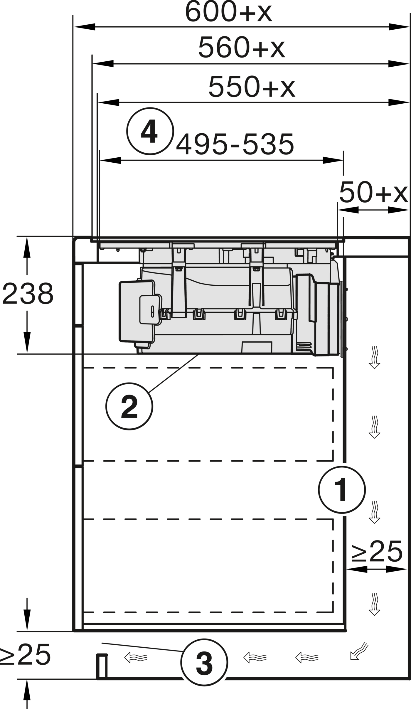 Technische Zeichnung mit Maßen und Bauteil 2, 1, 3, 4.