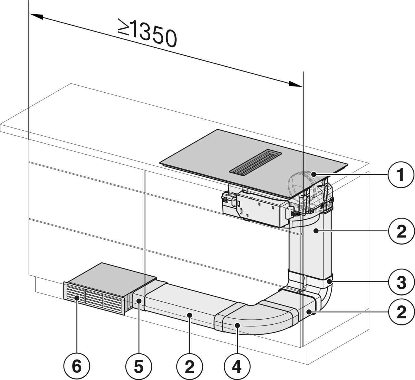Diagramm zeigt ein Lüftungssystem mit nummerierten Teilen: 1. Lüftereinheit, 2. Kanäle, 3. Winkelstück, 4. Bogen, 5. Verbinder, 6. Lüftung.