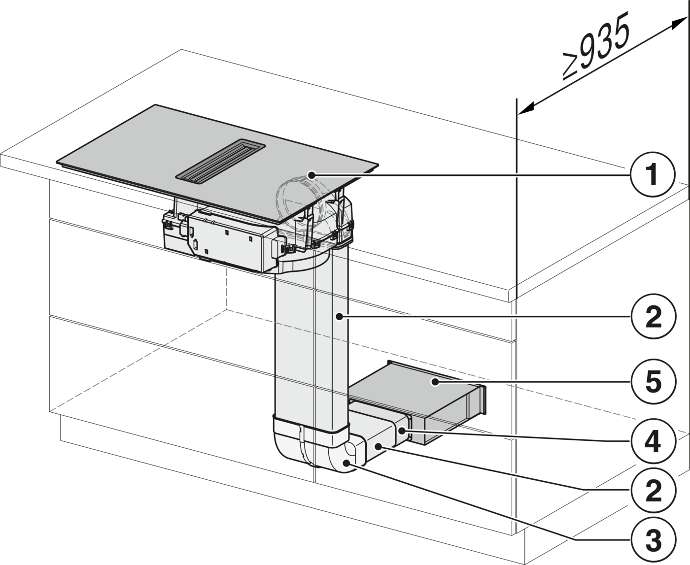 Diagramm zeigt Komponenten und Abluftrohre einer integrierten Kochfeldlüftung.