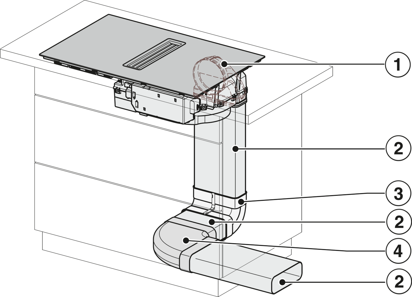 Einbau-Dunstabzug mit Lüftungskanal und Rohrbogen.