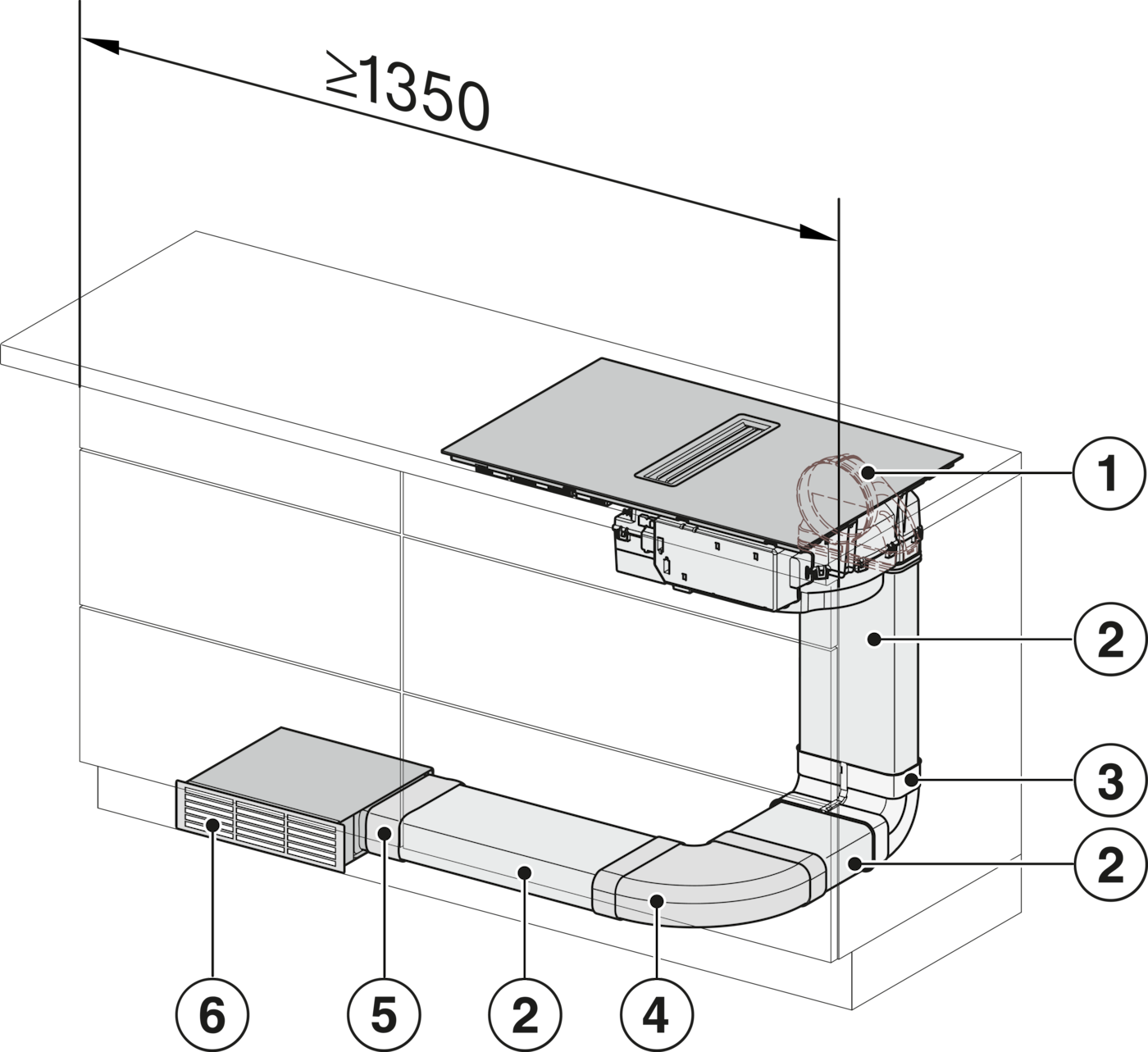 Schema einer Dunstabzugshaube mit Lüftungskanälen und Abluftgitter.