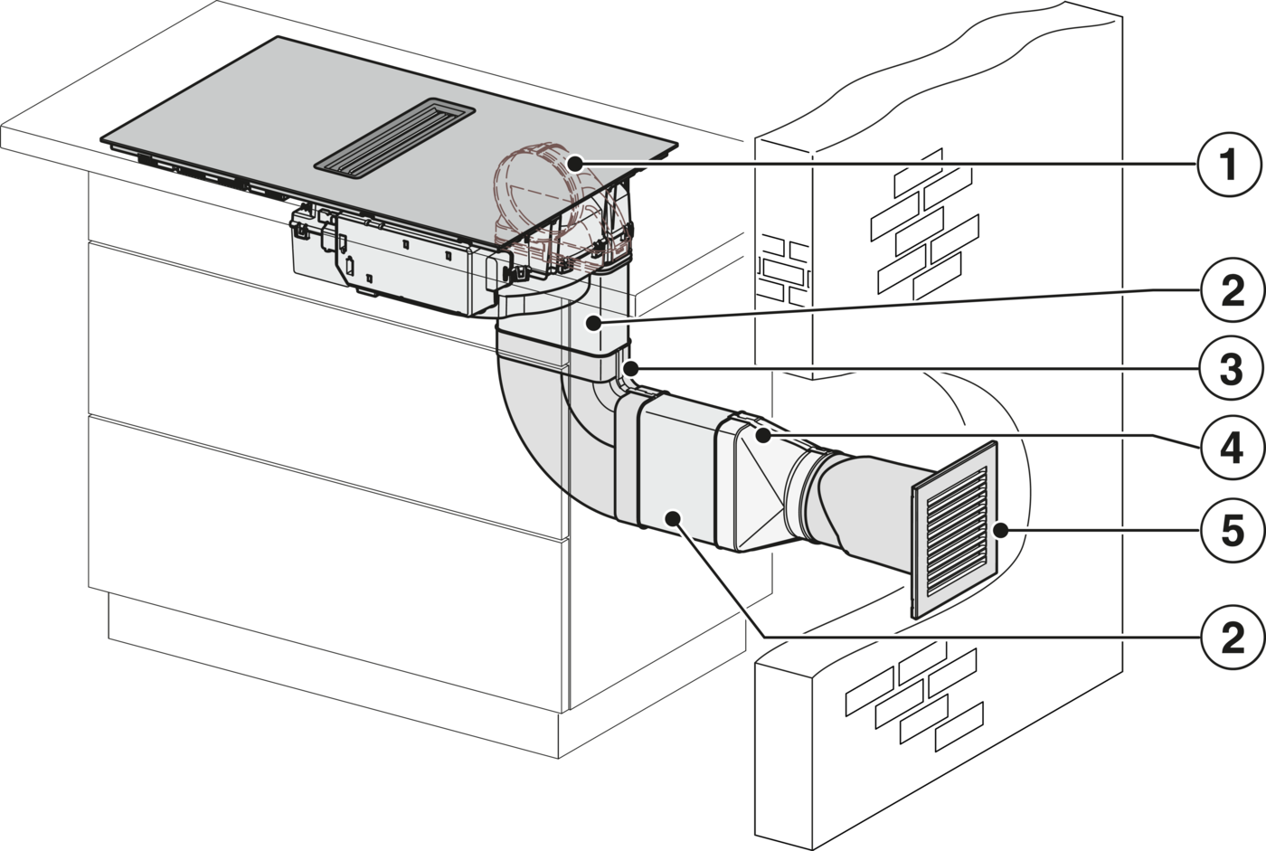 Einbau-Dunstabzug mit Lüftungskanälen und Auslassgitter.