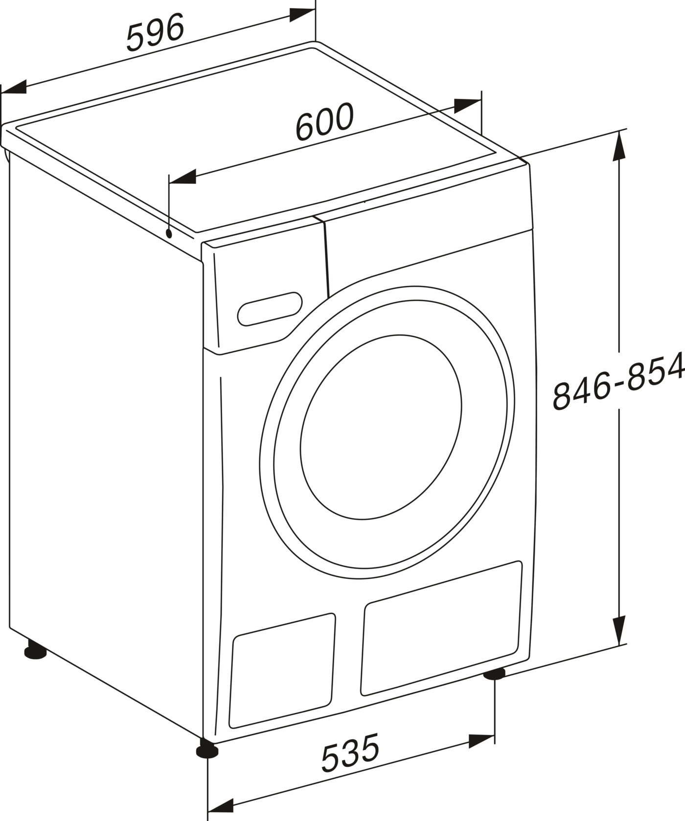 Technische Zeichnung einer Waschmaschine mit Maßen, 59,6x60x84,6-85,4 cm.