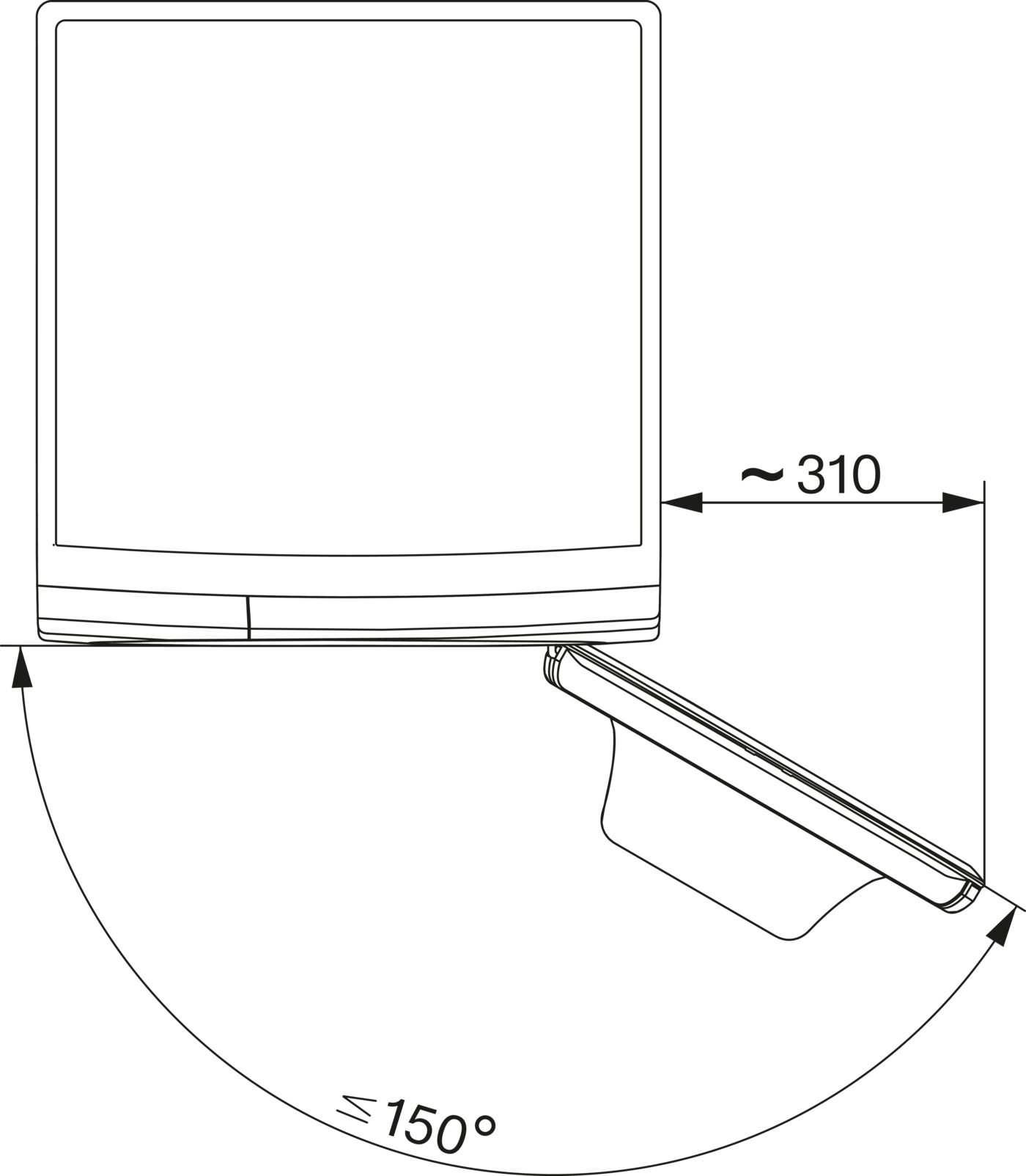 Technische Zeichnung einer Monitorhalterung mit Maßen 310 und 150 Grad.