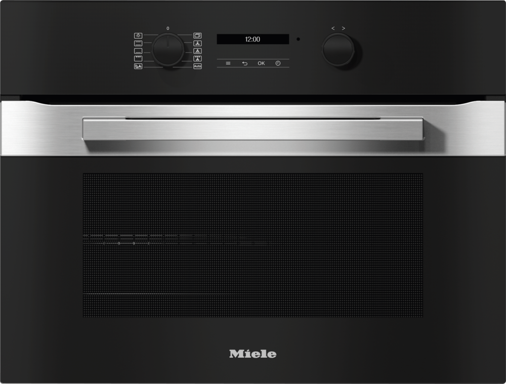Moderner schwarzer Miele-Ofen mit silbernem Griff und digitaler Anzeige. Oben sind Bedienelemente.