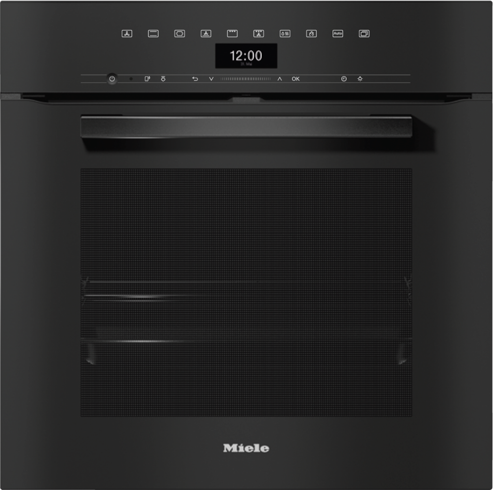 Schwarzer Einbauofen mit Touchscreen-Display und silbernem Griff.