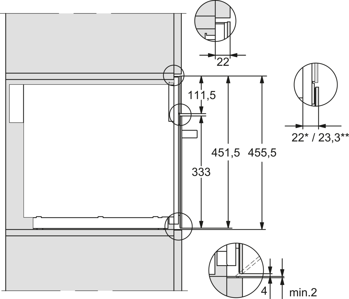 Technische Zeichnung mit Maßen und Details. Graue Flächen und schwarze Linien.