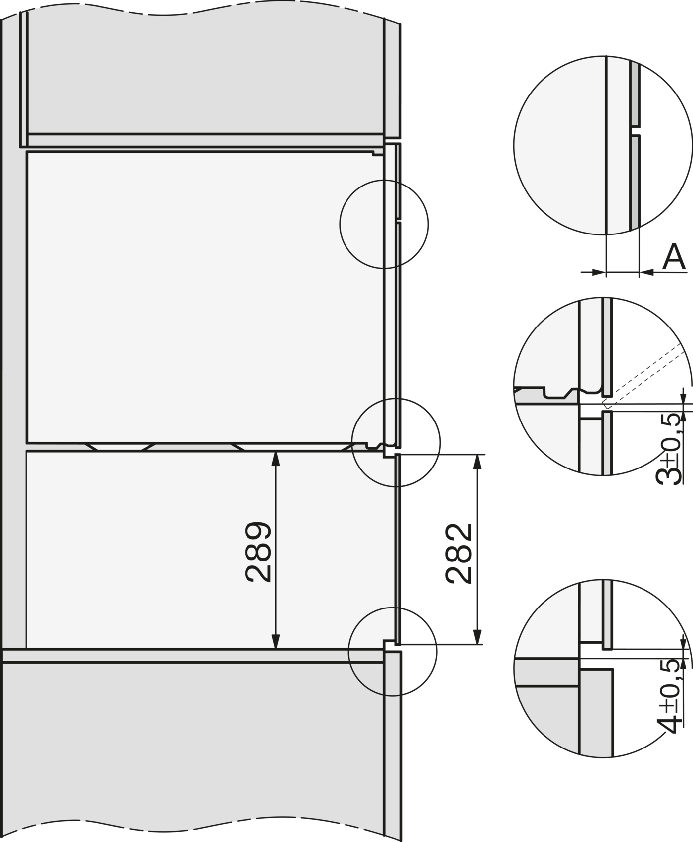 Technische Zeichnung mit Maßen, Vergrößerungen und Details.