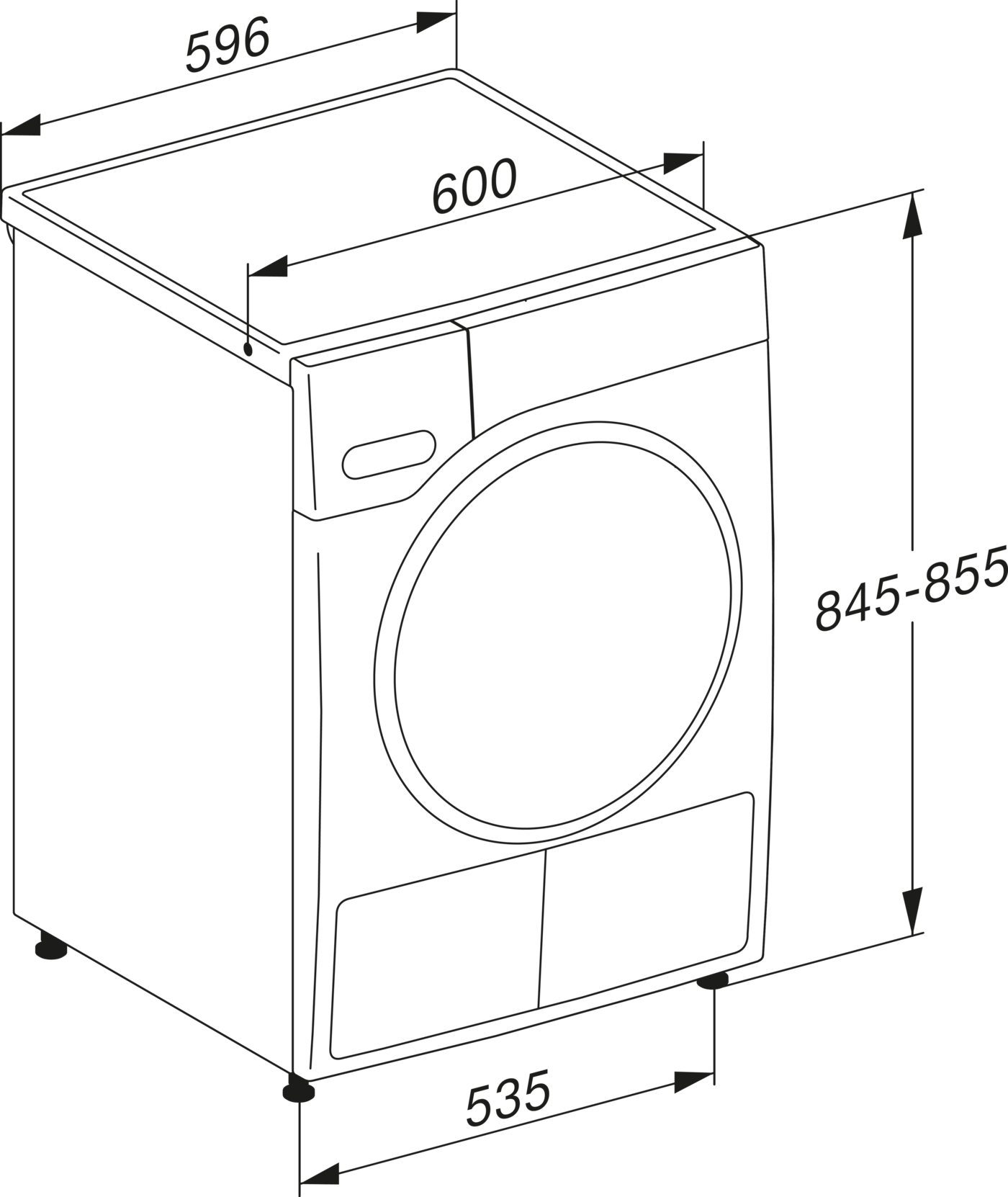 Technische Zeichnung einer Waschmaschine mit Maßen: Breite 59,6 cm, Tiefe 60 cm, Höhe 84,5-85,5 cm.