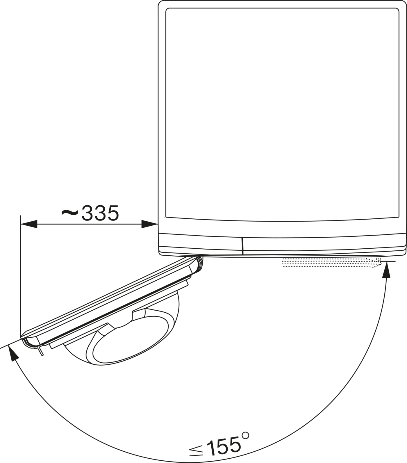 Technische Zeichnung eines Monitors mit Winkeln und Maßen, ca. 335 und <lt/>=155°.