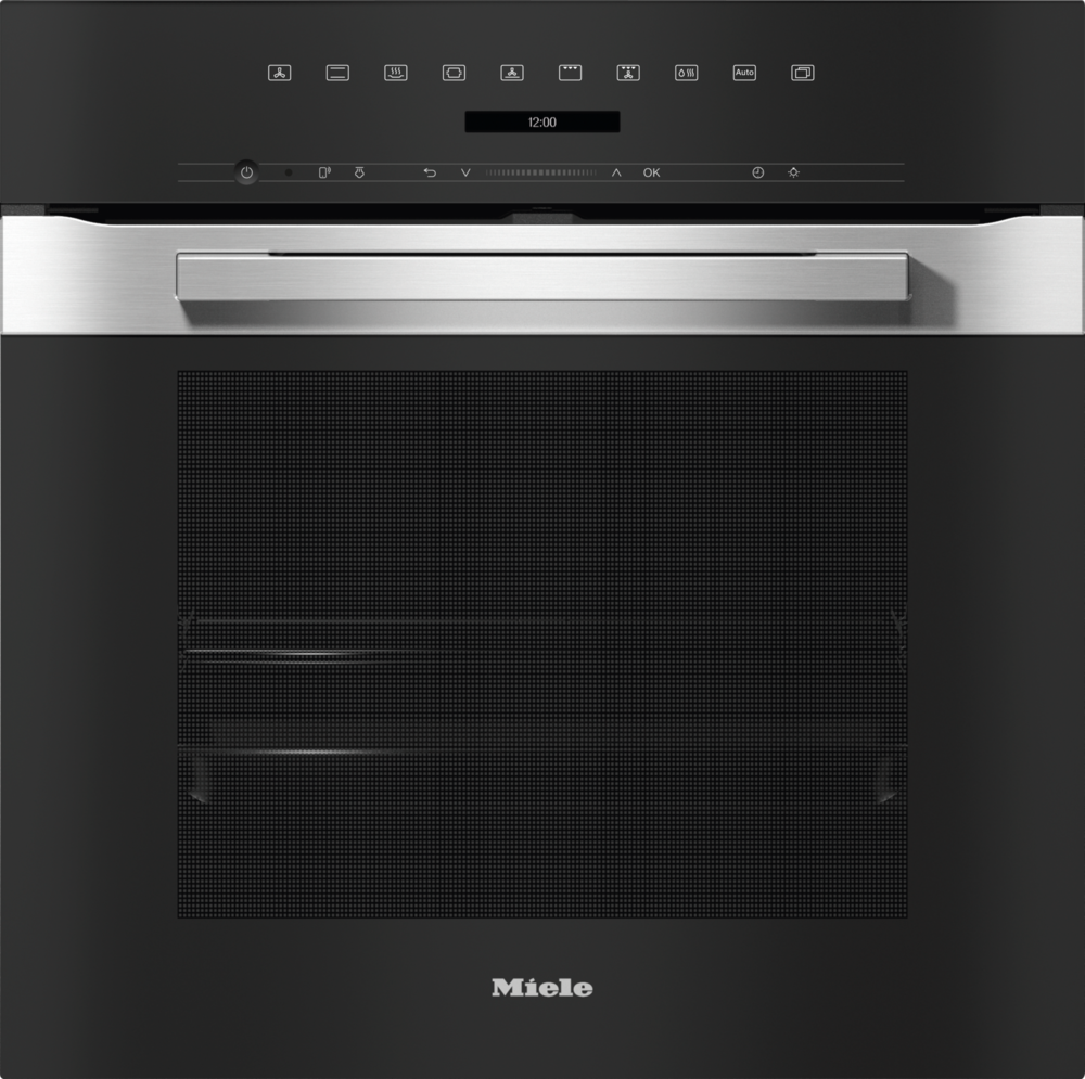 Ein moderner Miele-Backofen mit schwarzer Tür, silbernem Griff und digitaler Anzeige.