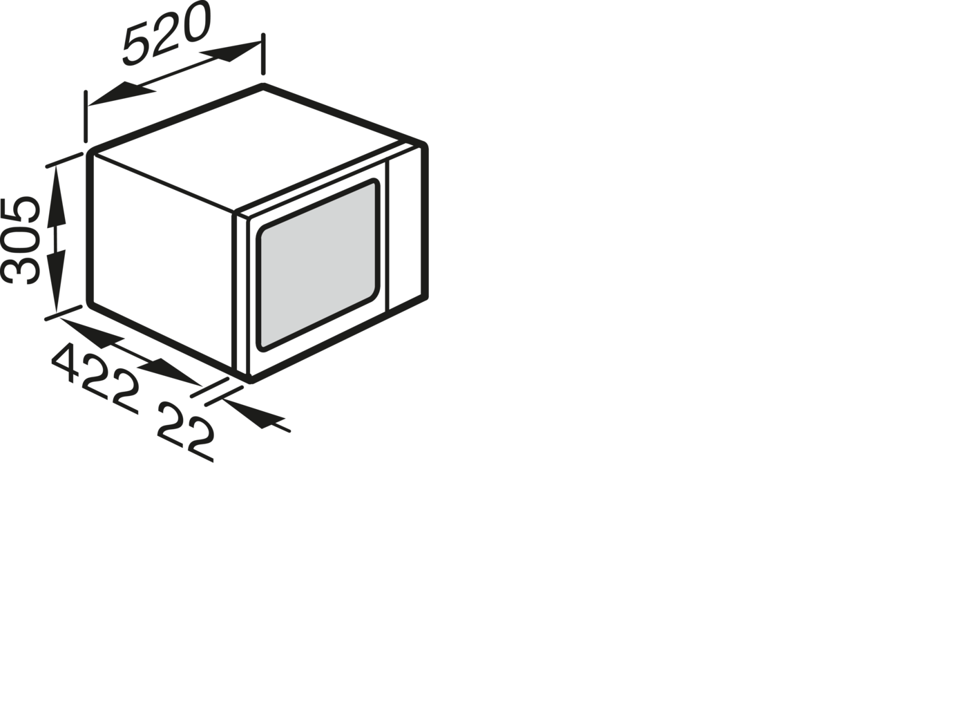 Geräteabmessungen: Breite 520, Höhe 305, Tiefe 422 mm.