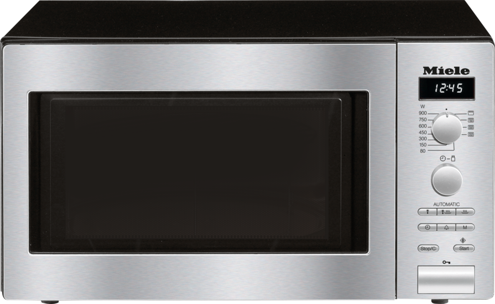 Miele Mikrowelle mit silberner Front, schwarzem Gehäuse und digitaler Zeitanzeige.