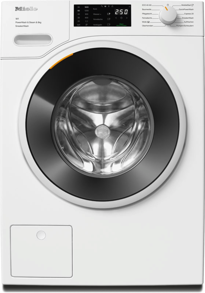 Eine weiße Miele Waschmaschine mit digitalem Display und runder Tür.