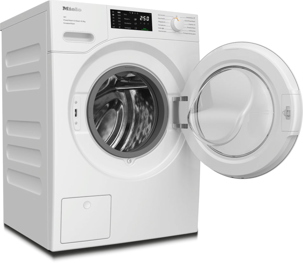 Eine weiße Miele Waschmaschine mit geöffneter Tür und Trommel sichtbar.
