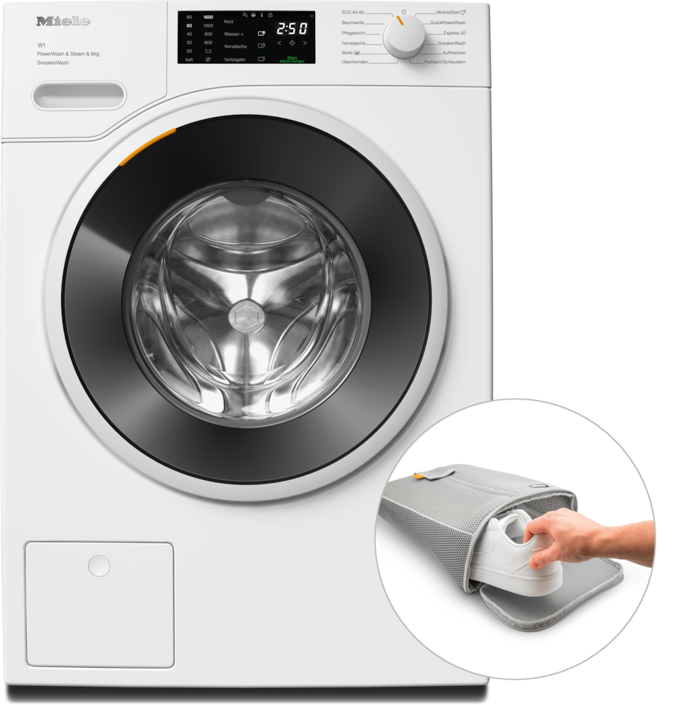 Miele Waschmaschine W1 mit SneakerWash-Funktion und Zubehör für Schuhe.