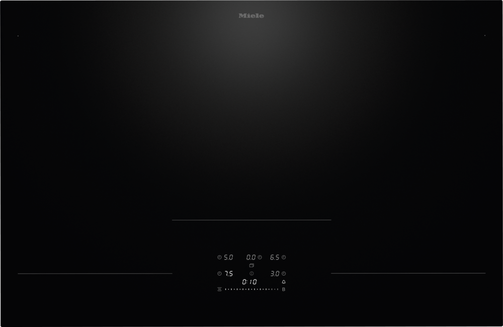 Ein schwarzes Miele Kochfeld mit digitalen Anzeigen für Zeit und Leistung.