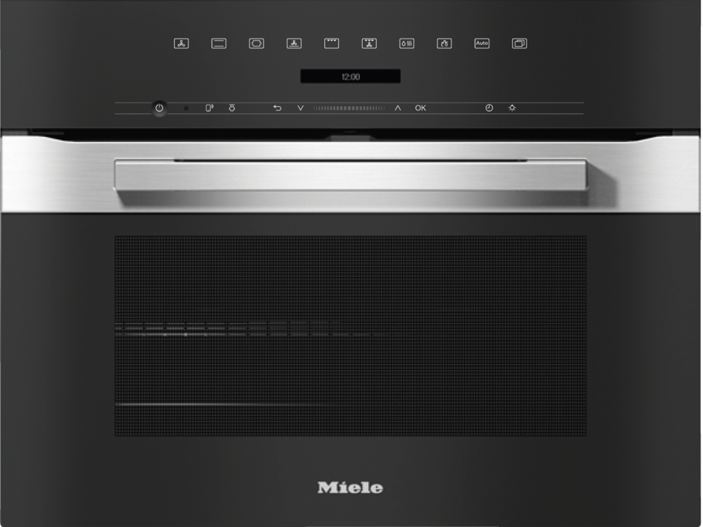 Ein moderner schwarzer Miele Einbaubackofen mit silbernem Griff und digitalem Display.