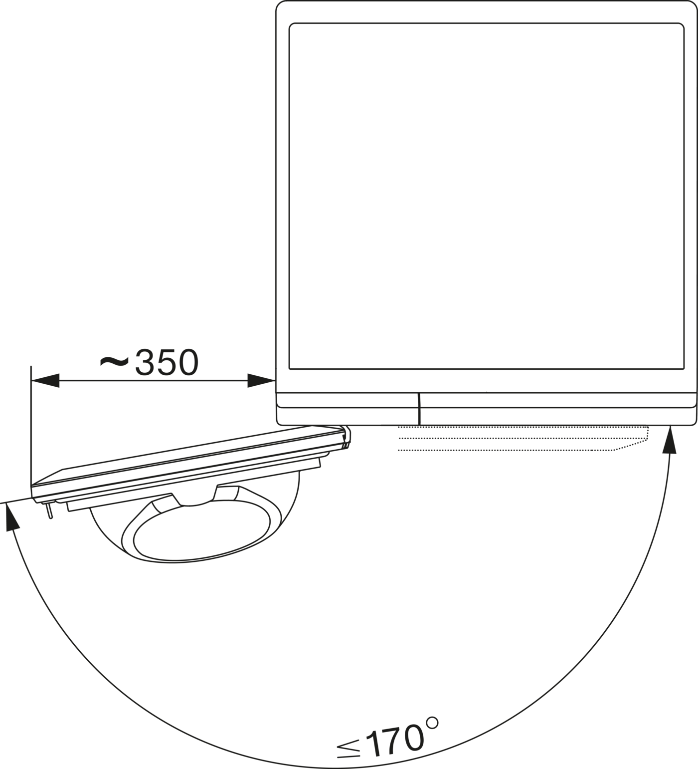 Diagramm zeigt eine Kamera unter einem Bildschirm, mit Maßen ~350 und Winkel <lt/>=170°.