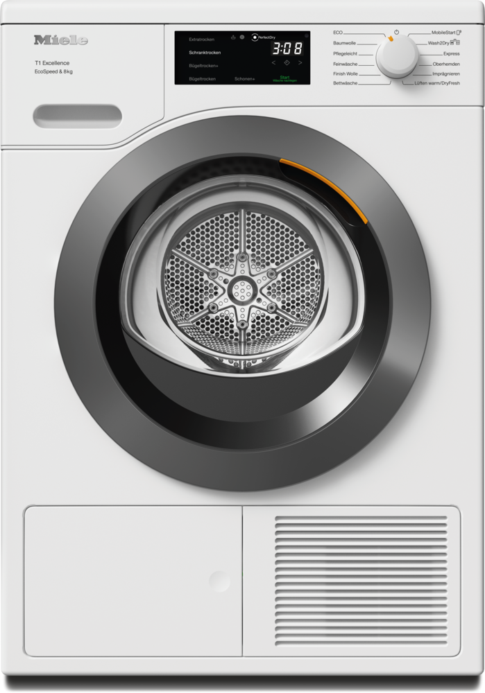 Eine weiße Miele Wäschetrockner-T1-Excellence-Maschine mit silbernem Rand.