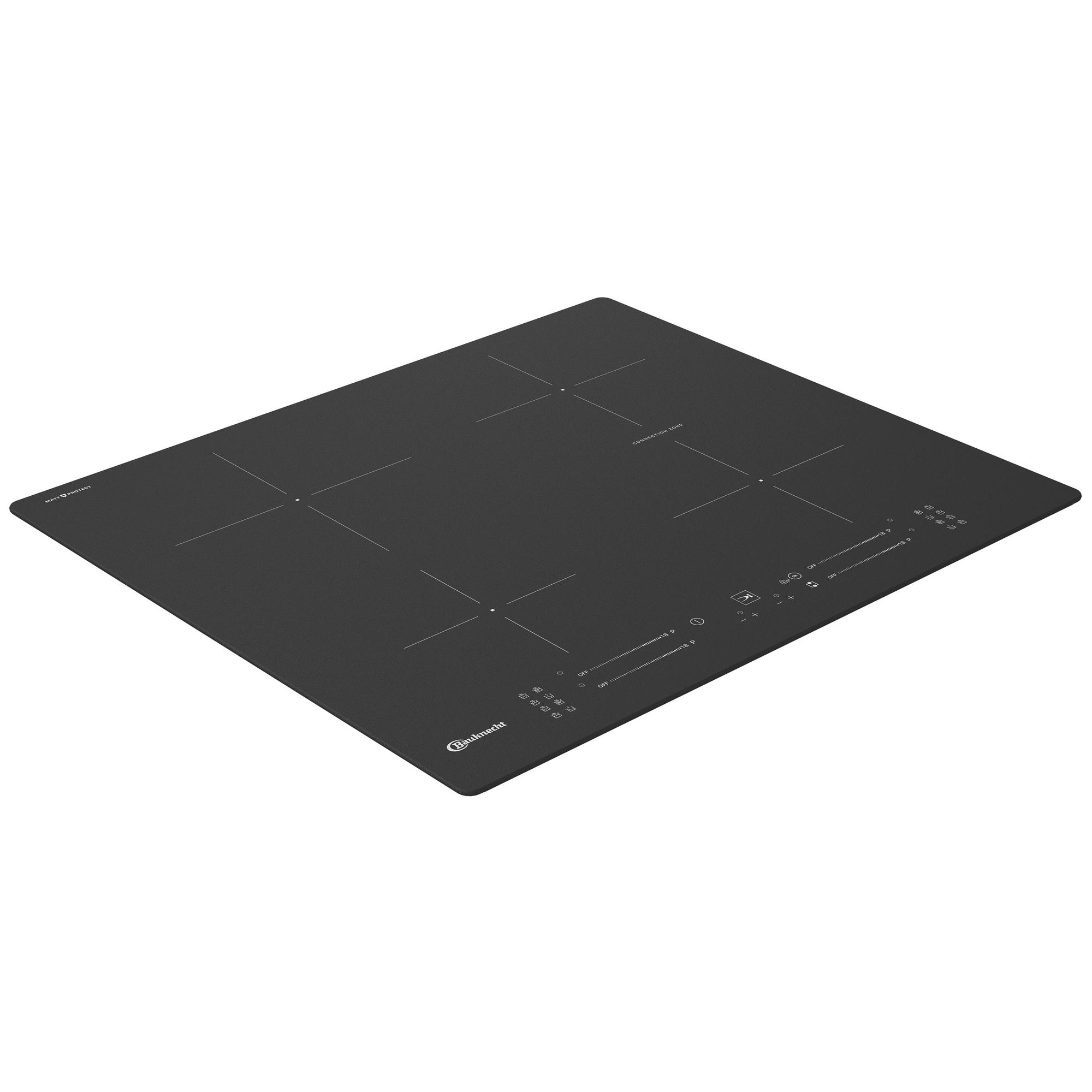 Schwarze Induktionskochplatte mit vier Kochzonen und Touch-Bedienfeld.