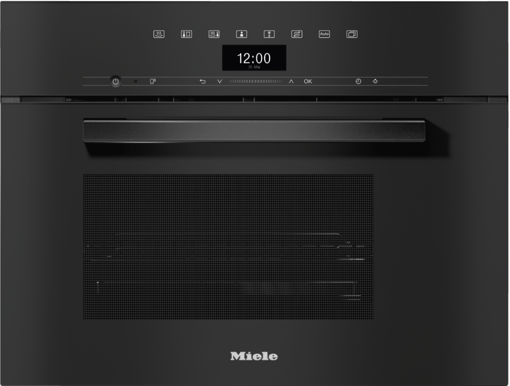 Schwarzer Miele Einbauofen mit digitaler Anzeige, Griff und Lüftungsgitter.