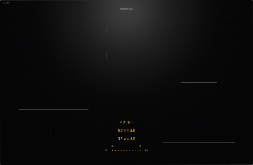 Schwarze Miele Induktionskochplatte mit vier Kochzonen und digitaler Anzeige.