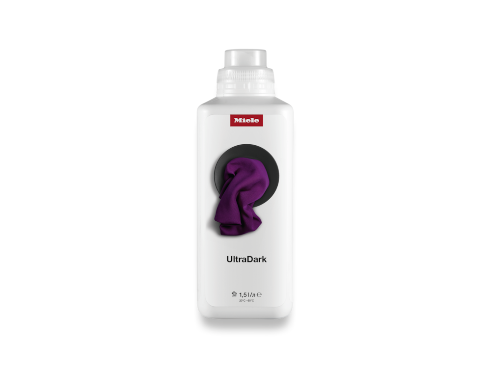 Weiße Miele UltraDark Waschmittelflasche mit lila Stoffprobe.