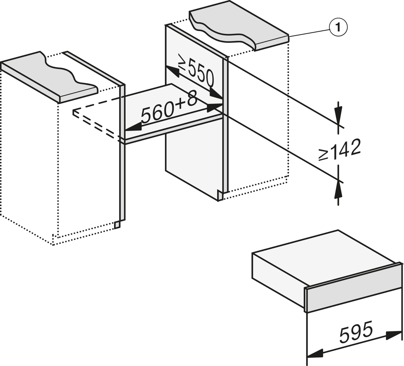 Technische Zeichnung mit Maßen für Einbaugeräte, 560+8, <gt/>=550, <gt/>=142, 595.