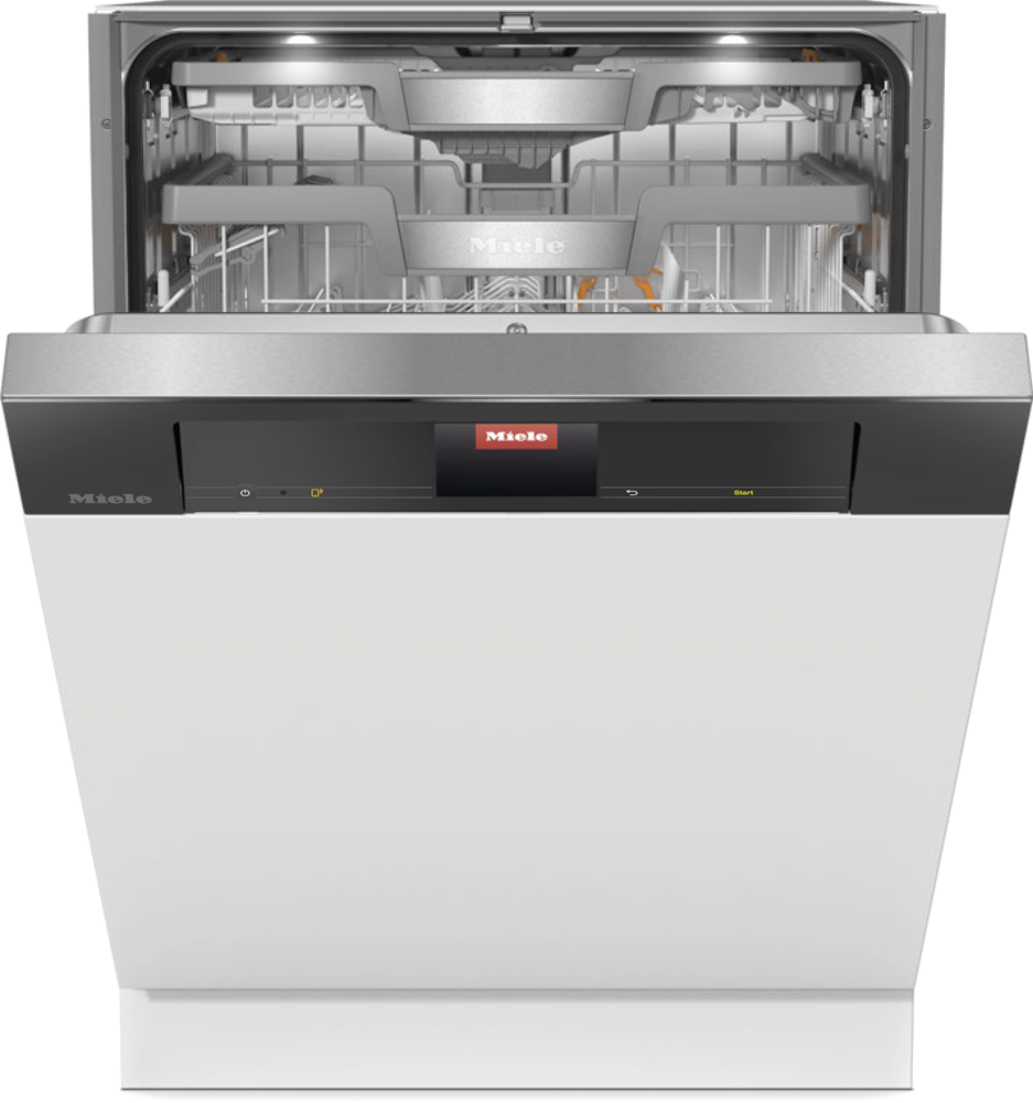 Geöffnete Miele-Spülmaschine mit Edelstahl-Innenraum und Digitalanzeige.
