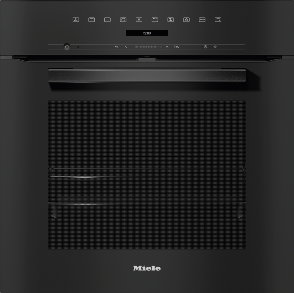 Schwarzer Miele-Ofen mit Digitalanzeige 12:00, Touch-Bedienung und Gittertür.