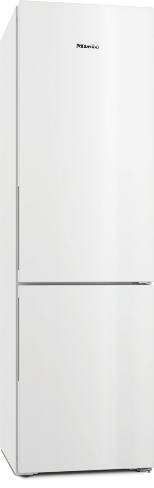 Ein weißer Miele Kühlschrank mit zwei Türen, oben und unten.