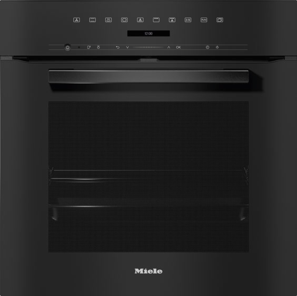Schwarzer Miele-Ofen mit digitaler Anzeige und Bedienfeld.